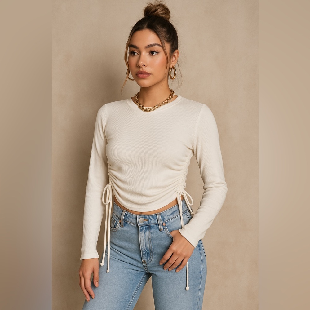 Hailys White Ruched Long Sleeve Top